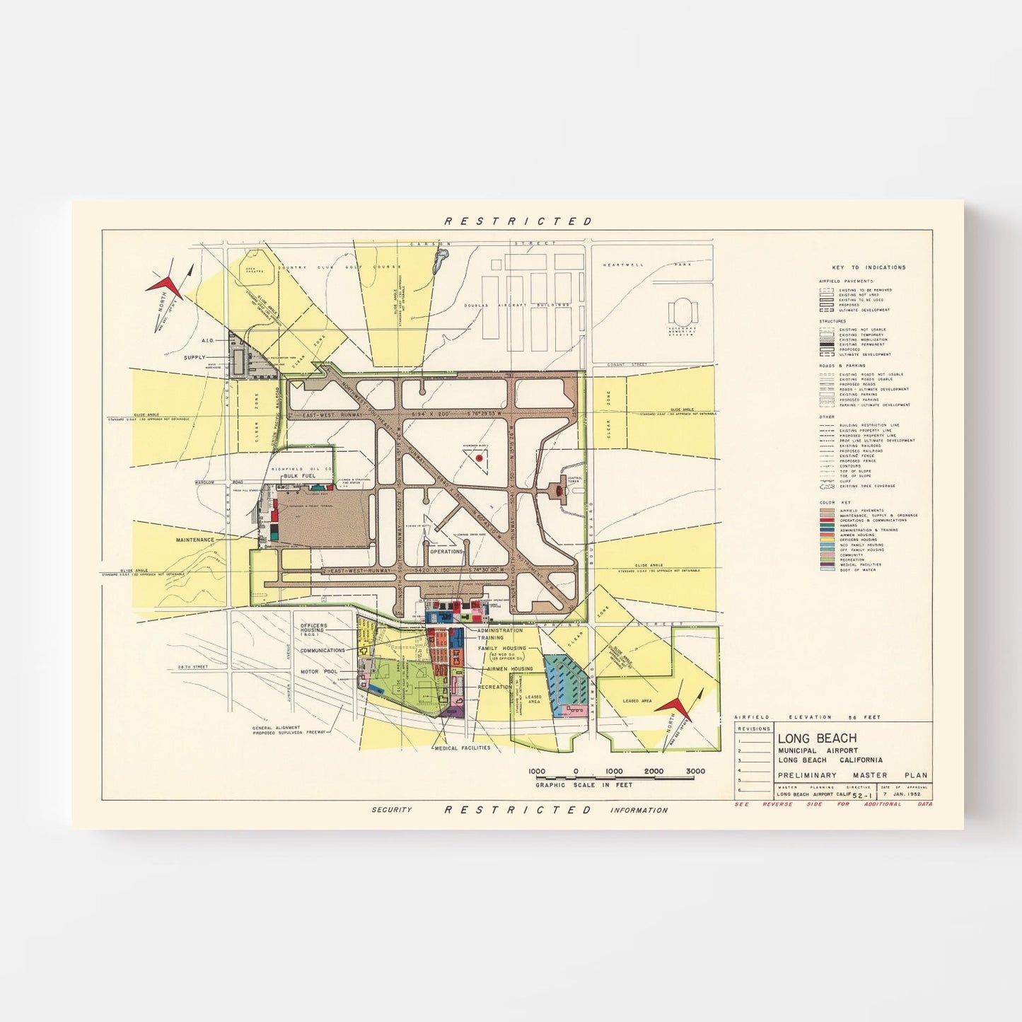 Vintage Map of Long Beach Municipal Airport, 1952