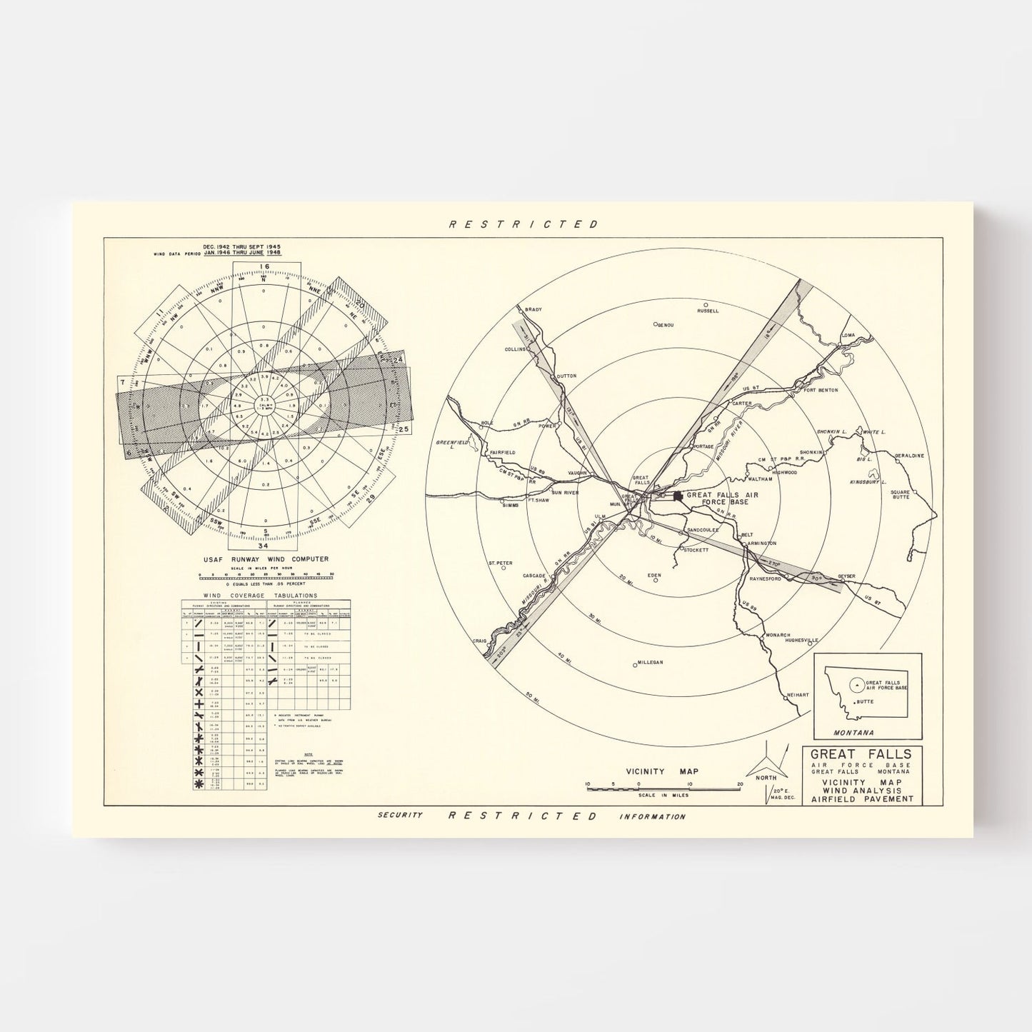 Vintage Map of the Great Falls Air Force Base Vicinity, 1951