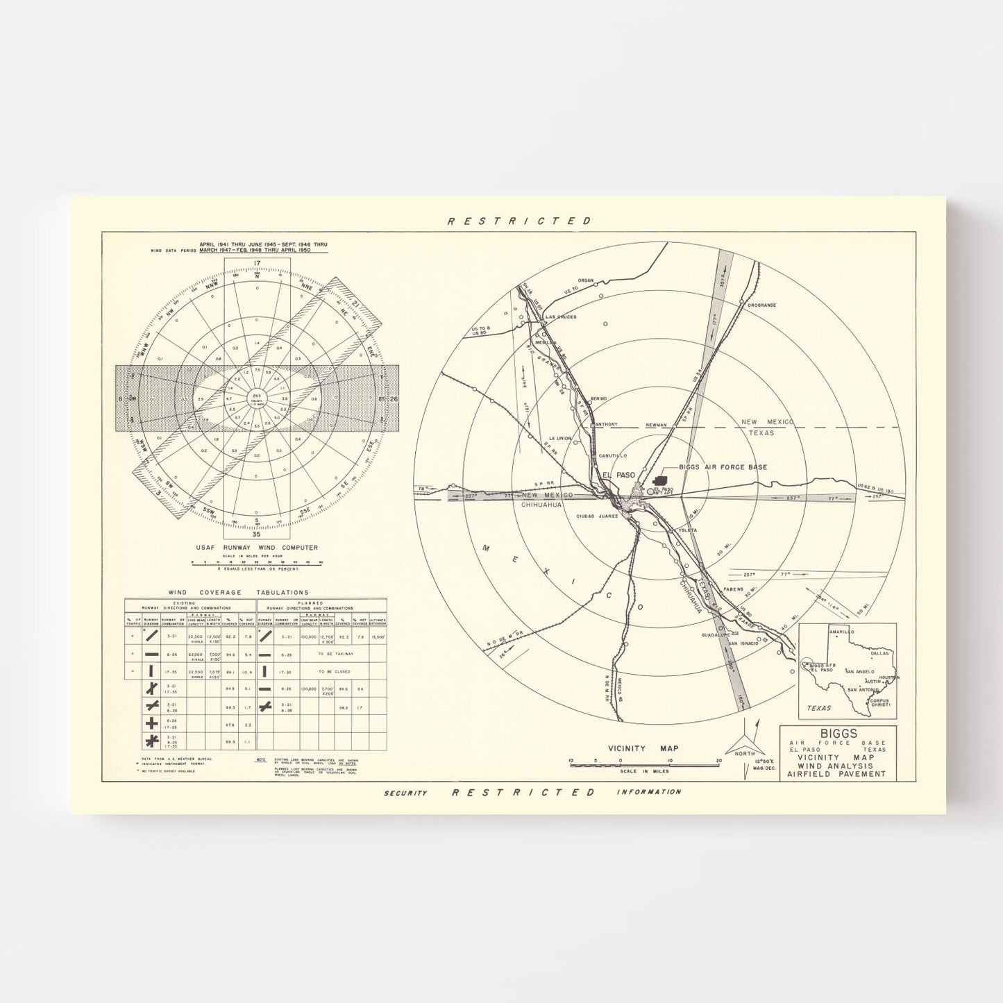 Vintage Map of the Biggs Air Force Base Vicinity, 1951