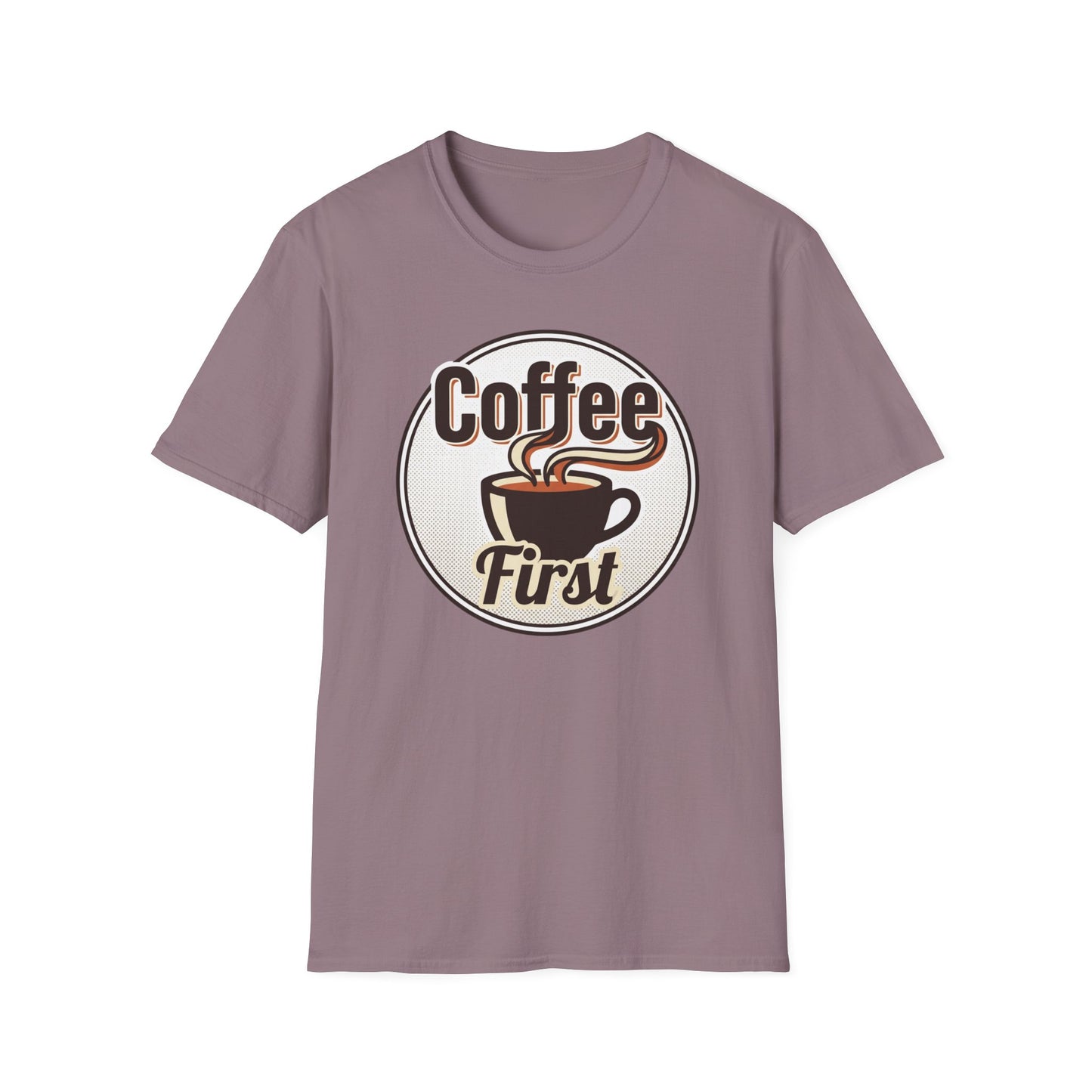 Coffee First T-Shirt — Retro Coffee Cup Graphic Tee for Coffee Lovers