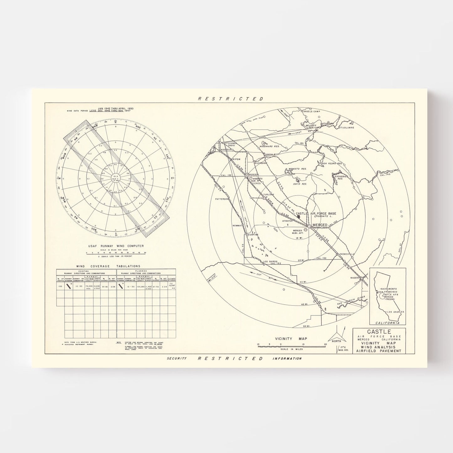 Vintage Map of the Castle Air Force Base Vicinity, 1952