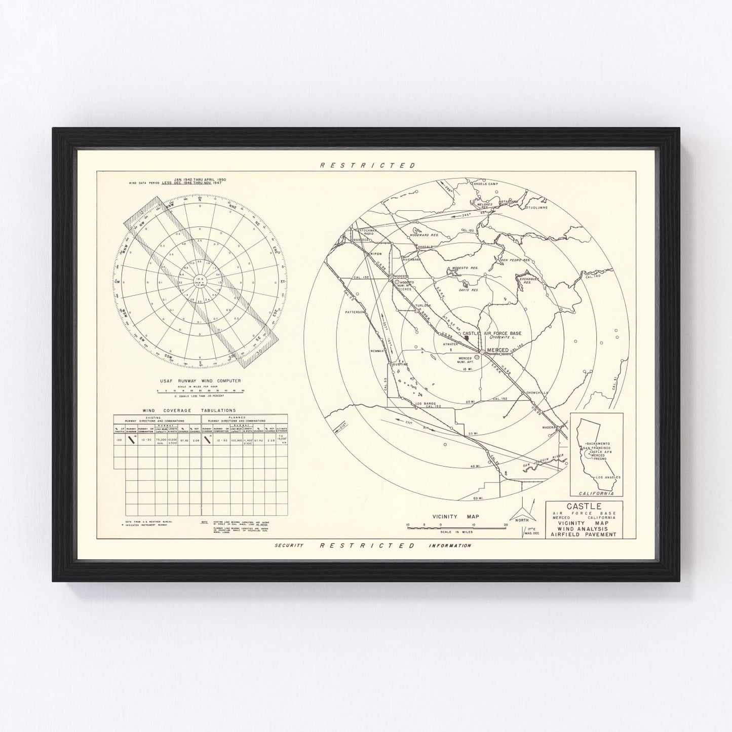 Vintage Map of the Castle Air Force Base Vicinity, 1952