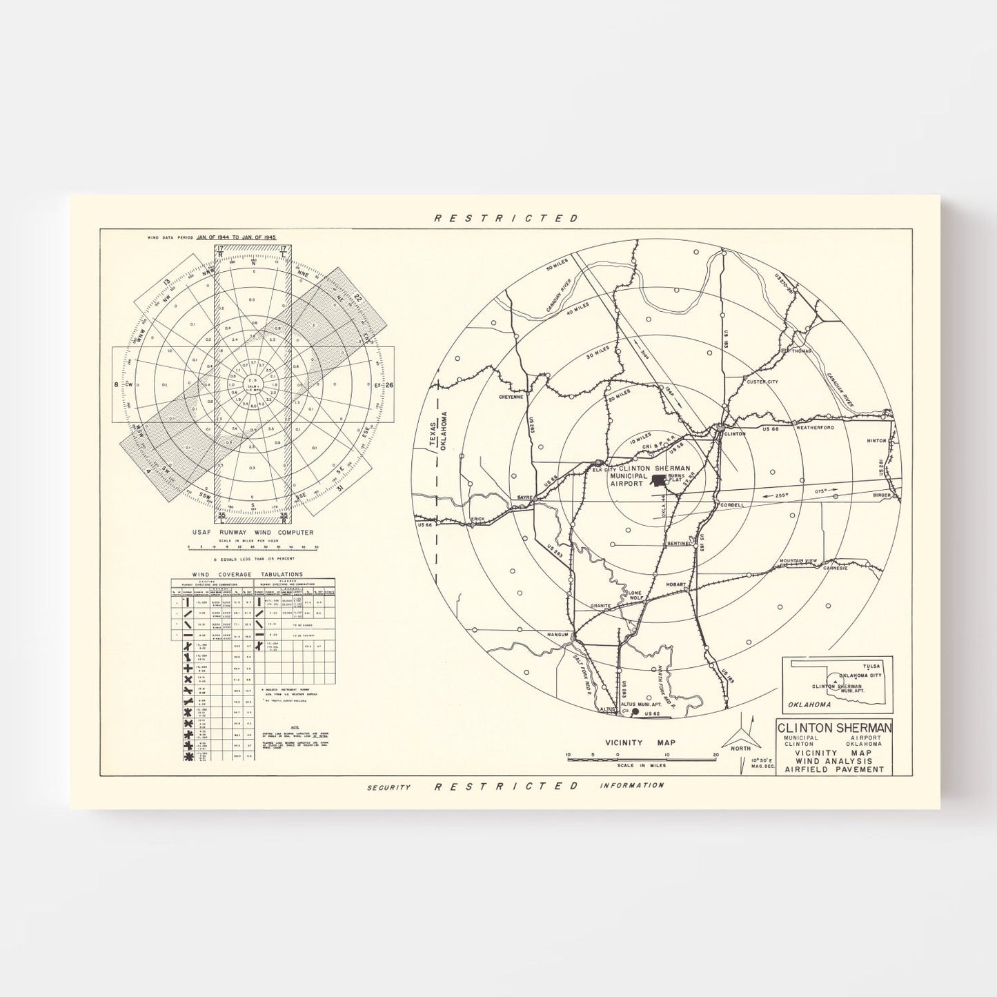 Vintage Map of the Clinton Sherman Municipal Airport Vicinity, 1952