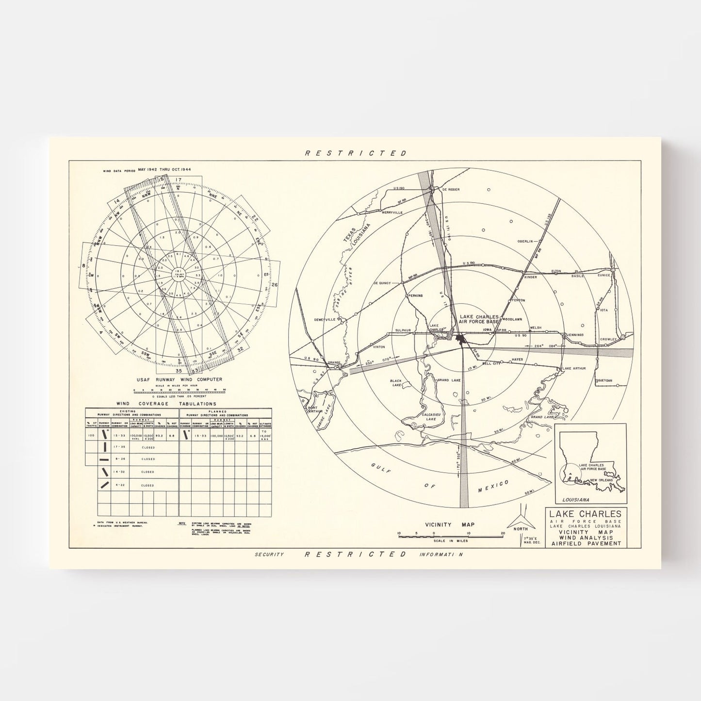 Vintage Map of the Lake Charles Air Force Base Vicinity, 1951