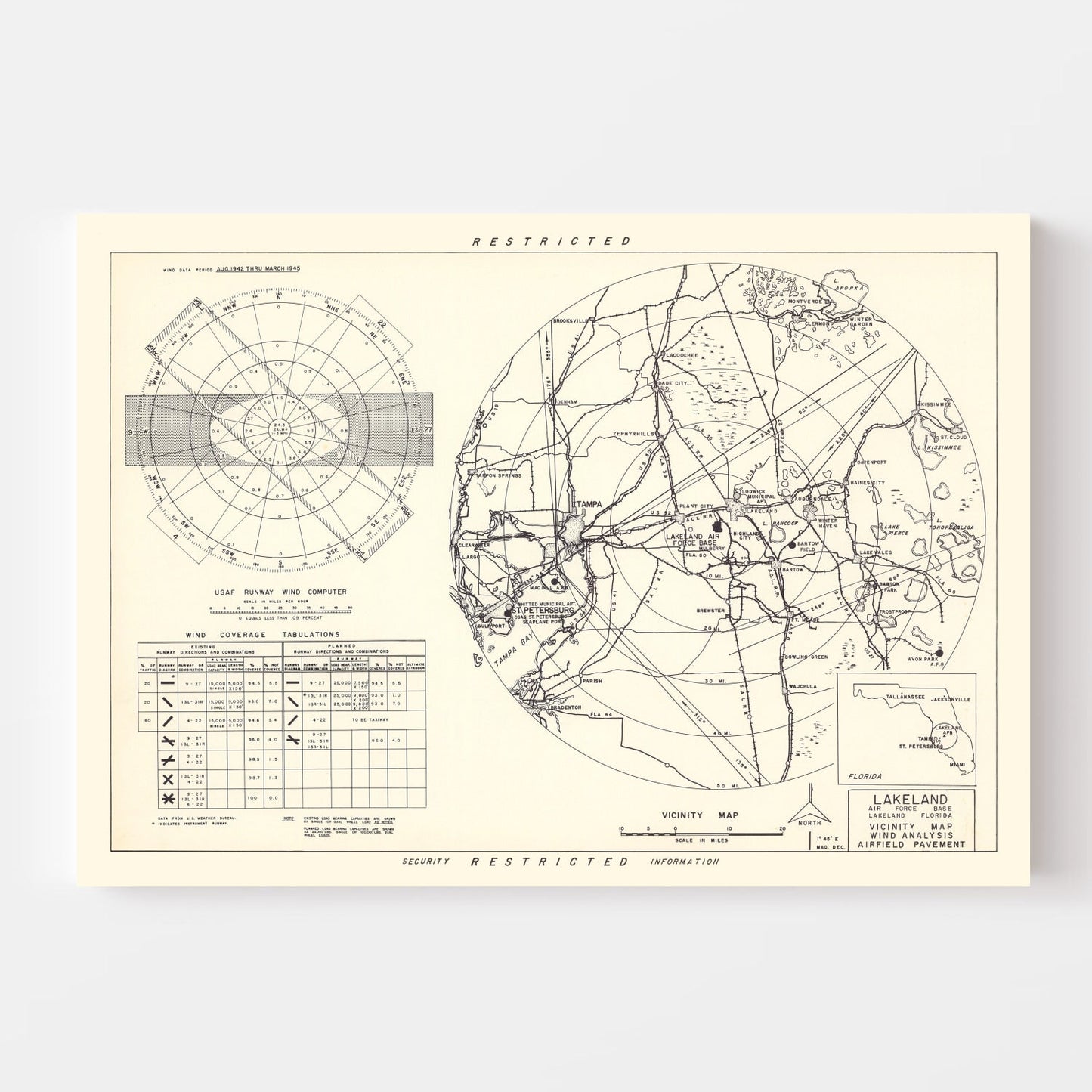 Vintage Map of the Lakeland Air Force Base Vicinity, 1952