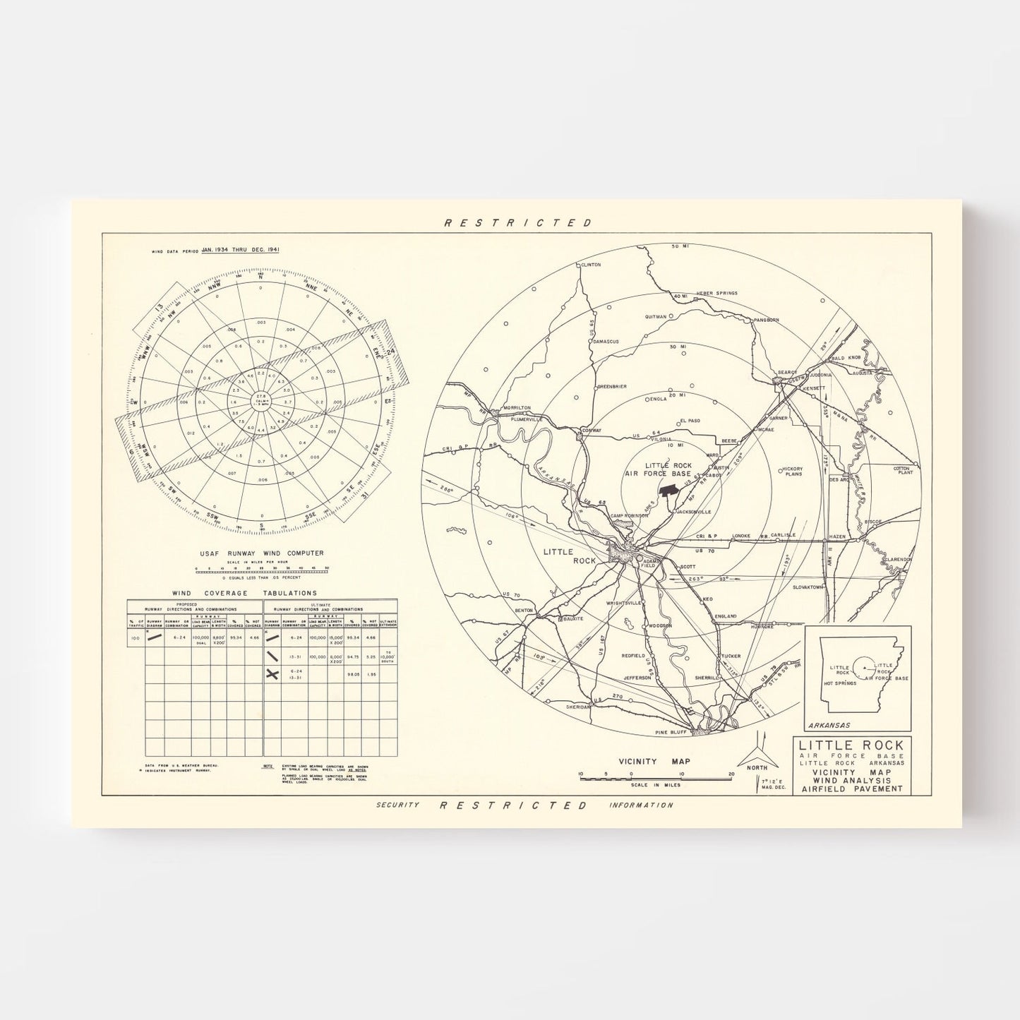 Vintage Map of the Little Rock Air Force Base Vicinity, 1952