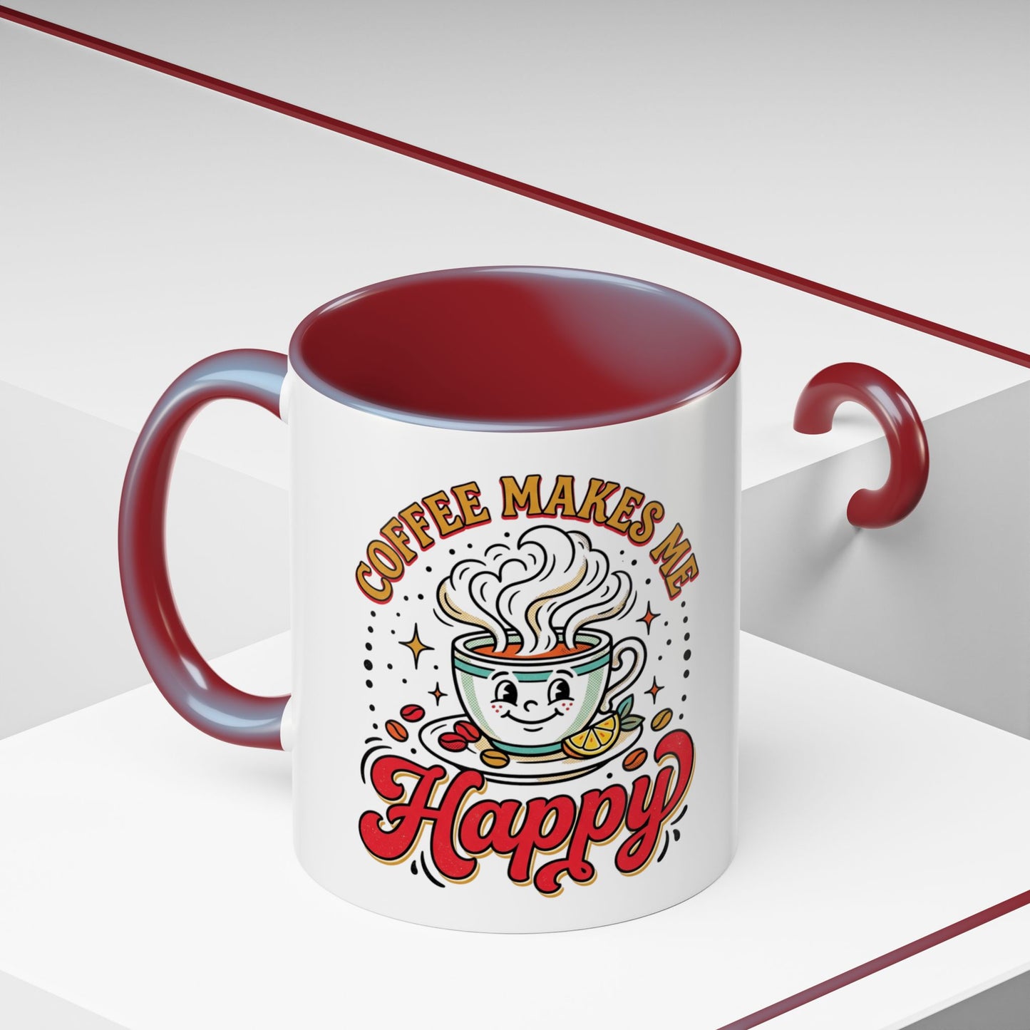 Coffee Mug — "Coffee Makes Me Happy" Cute Retro Accent Mug (11/15oz)