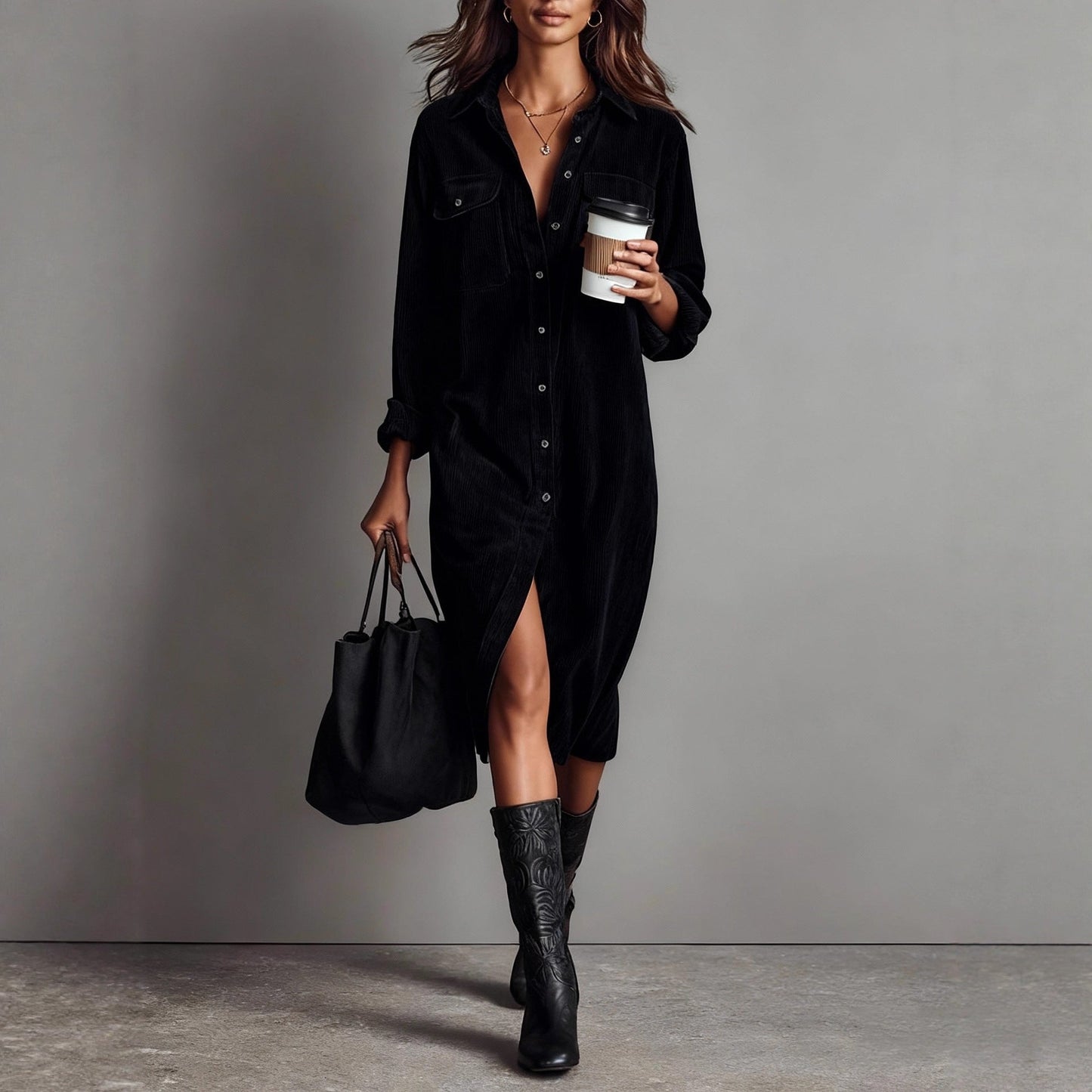 Women's Corduroy Long Sleeve Shirt Dress – Turn-Down Collar Button Front Midi with Pockets