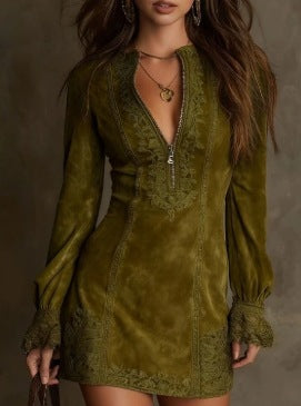 Women's Lace Trim Zip-Front Long Sleeve Mini Dress – Fitted Bodycon Boho Retro