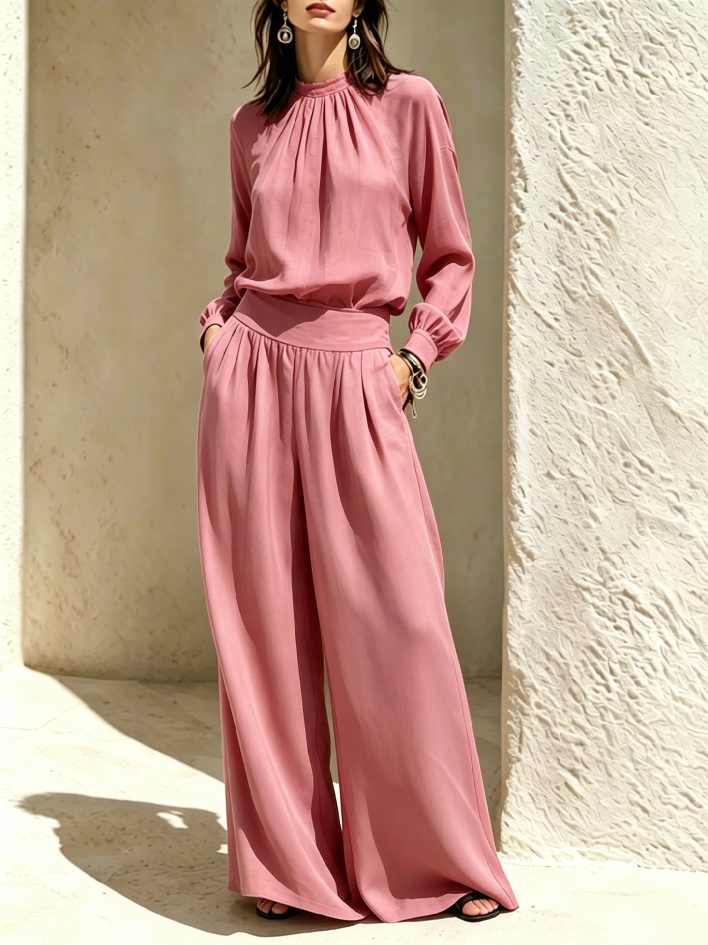 Women's Stand-Up Collar Puff Sleeve Blouse & Wide-Leg Pants Set