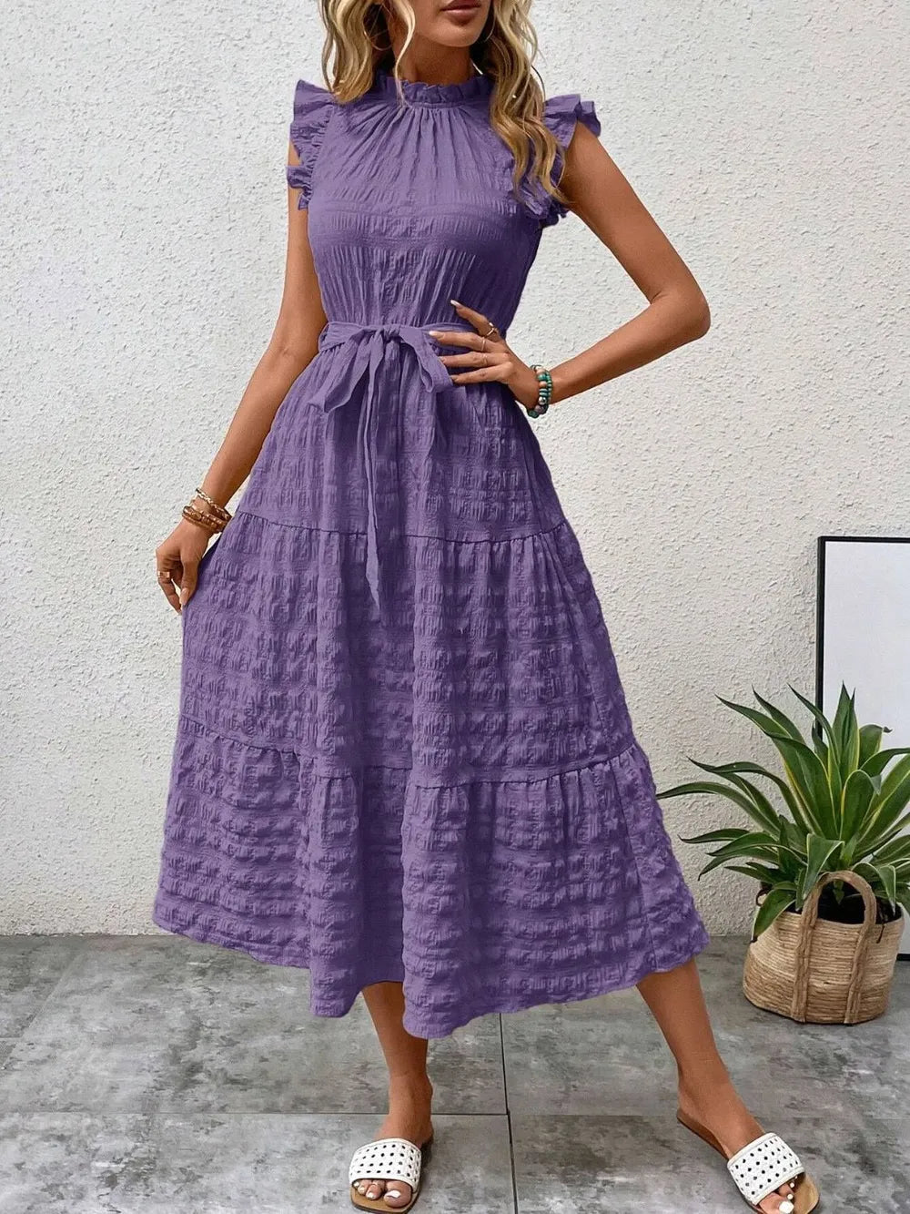 Tied Ruffled Cap Sleeve Midi Dress – Feminine Flowy Style