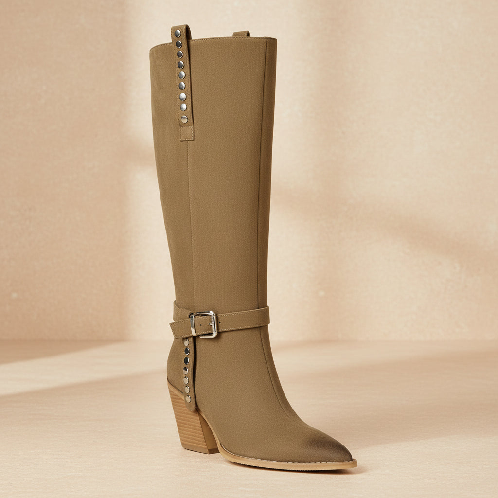 Women's Western Knee-High Boots with Studs | Pointed Toe Chunky Heel & Buckle