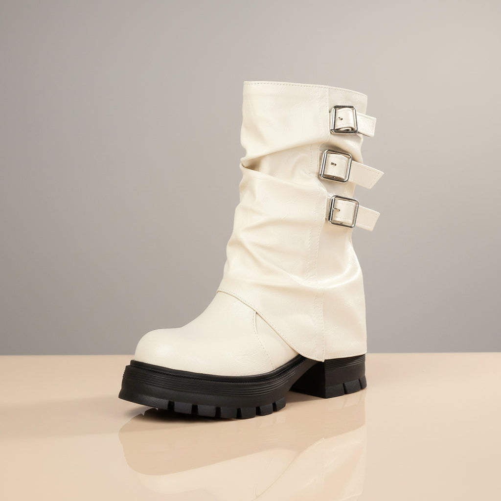 Women's Punk Slouchy Triple Buckle Mid-Calf Boots – Crinkled PU Platform