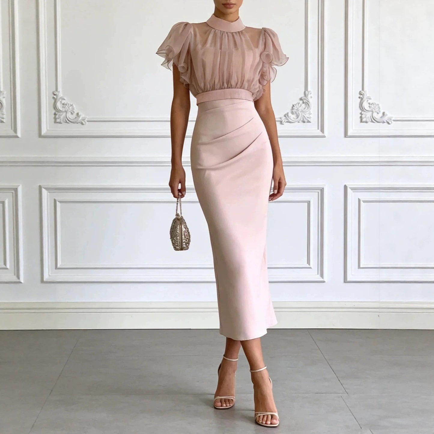 Pink Mesh Lace-Up Waist Two-Piece Dress Set – Elegant Long Skirt & Top