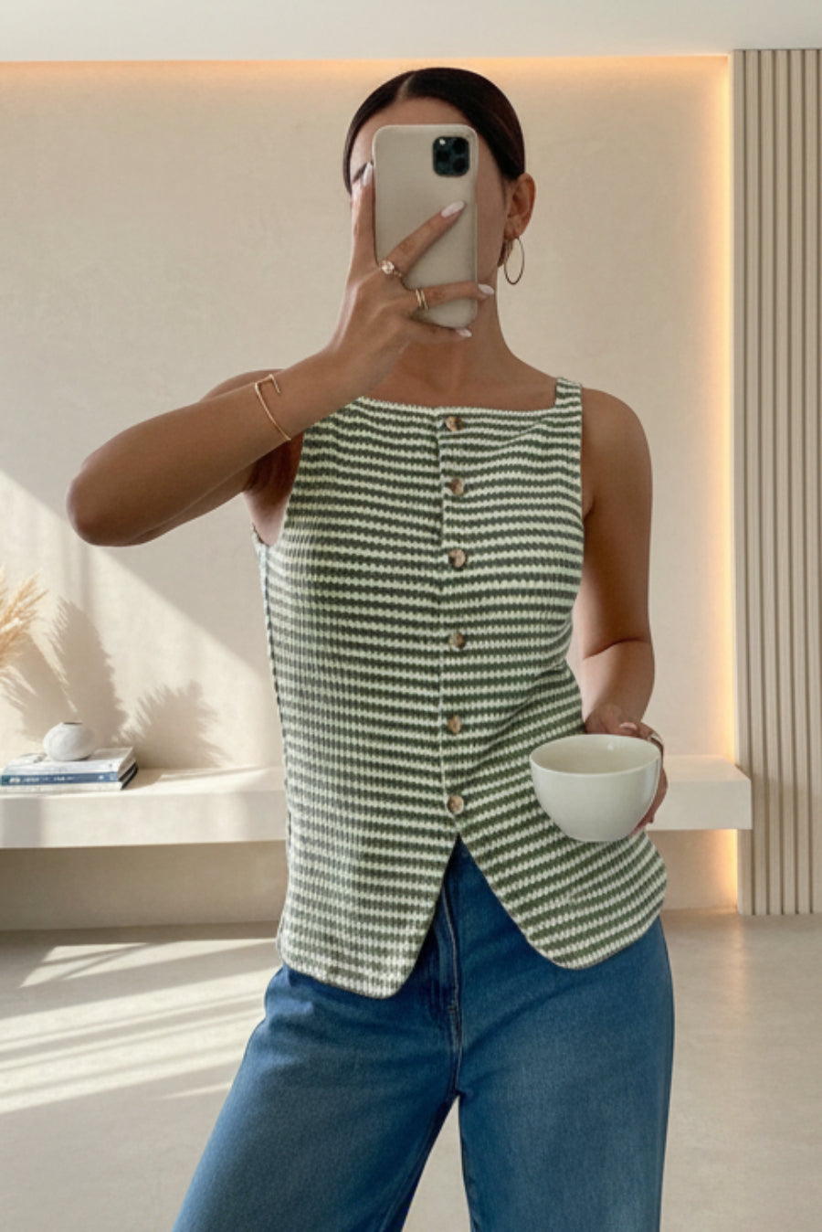 Women's Striped Button-Front Sleeveless Camisole Top – Square Neck Tank