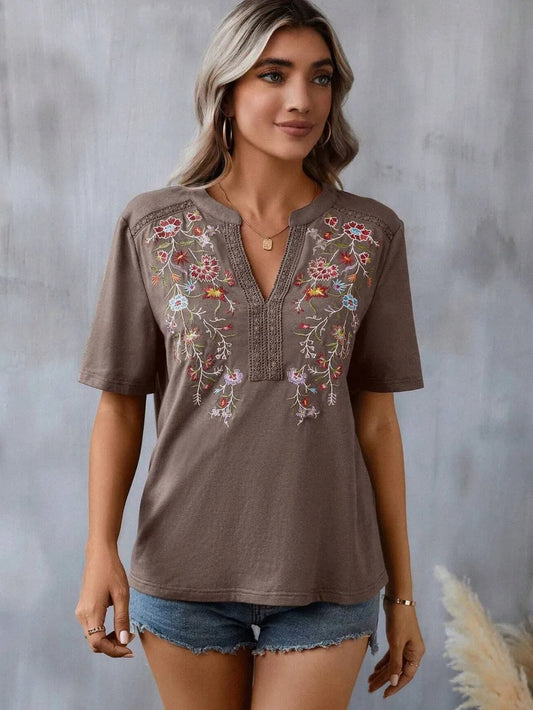 Women's Floral Embroidered Notched V-Neck T-Shirt – Short Sleeve Boho Lace Trim Top