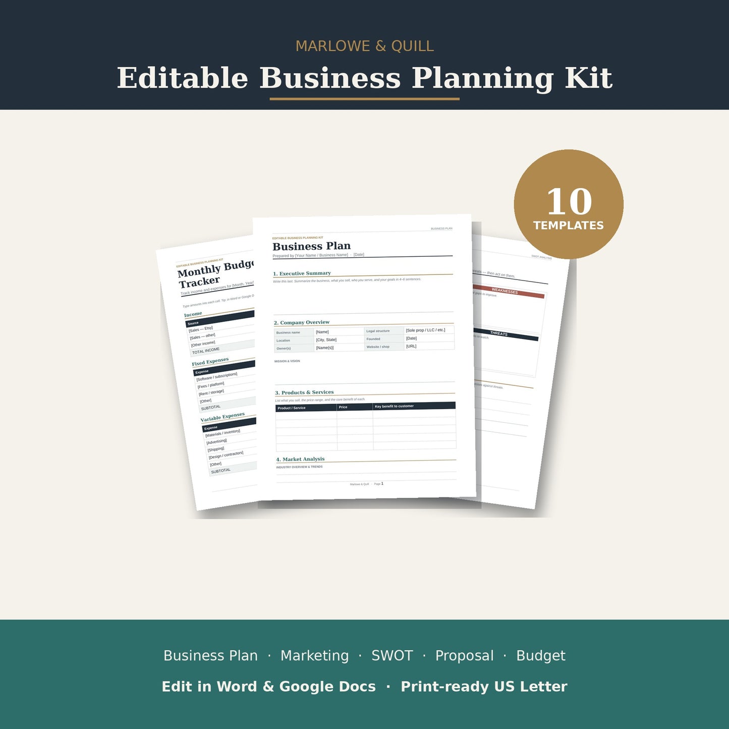 Editable Business Plan Template Kit | Small Business Planner, Marketing, SWOT, Proposal & Budget | Word and Google Docs (Printable)