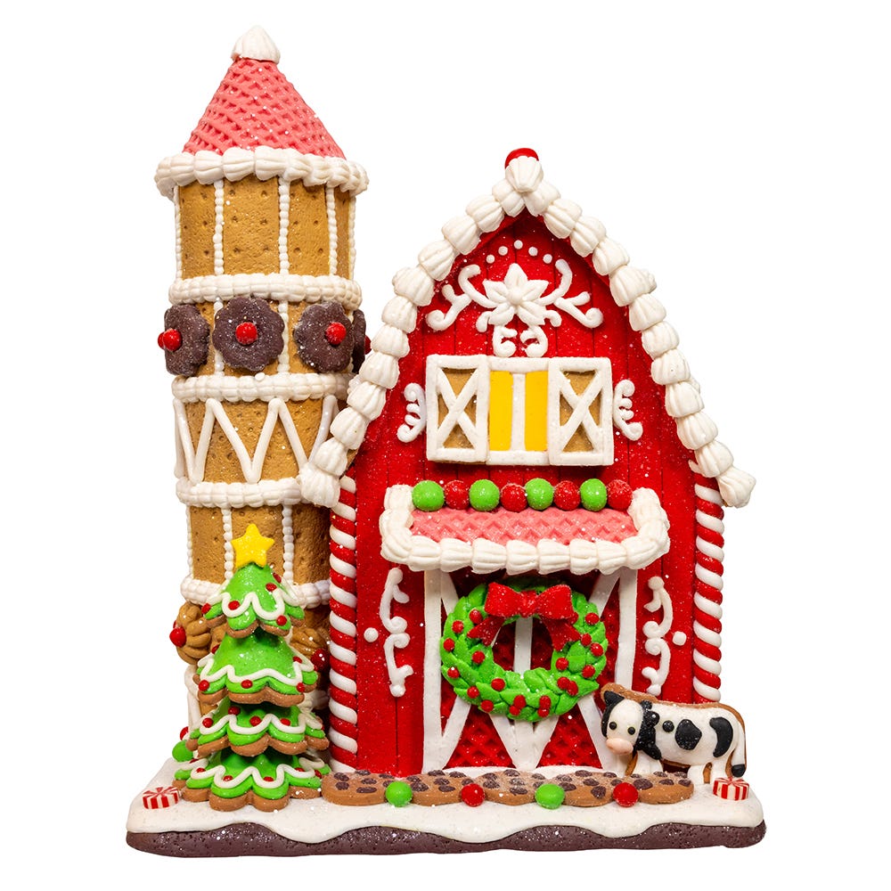 Lighted Gingerbread Barn and Silo - 12 Inches tall