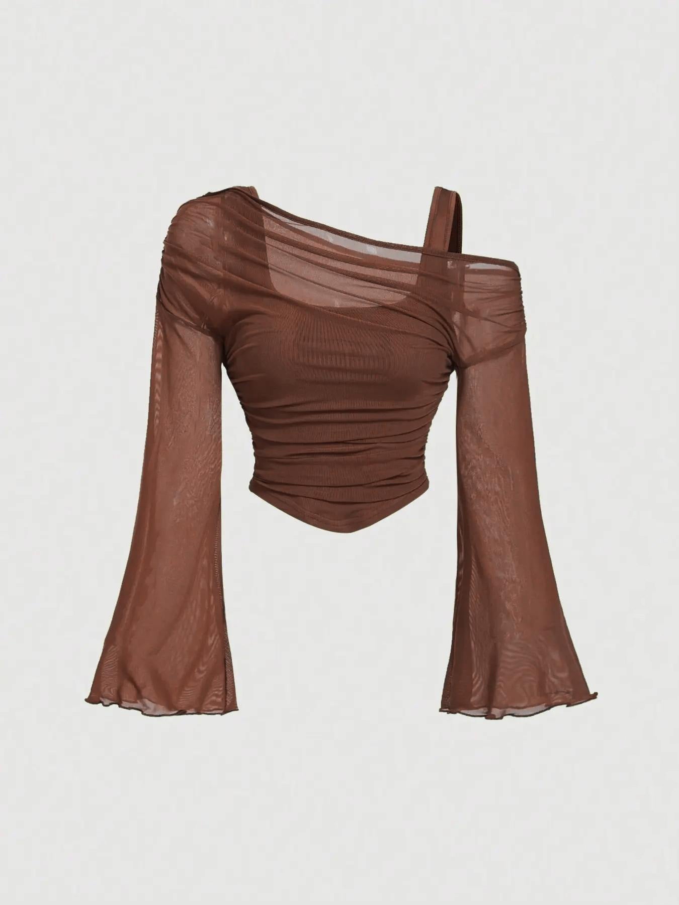 Women's Mesh Neck Pleated Long-Sleeve Top – Slim Fit Knit