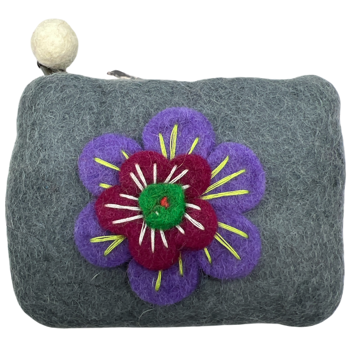 Felt Wool  Artisan Gray Coin Purse with Flower Applique