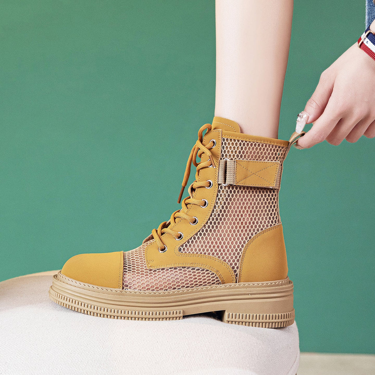 Women's Lace-Up Mesh Cutout Ankle Boots