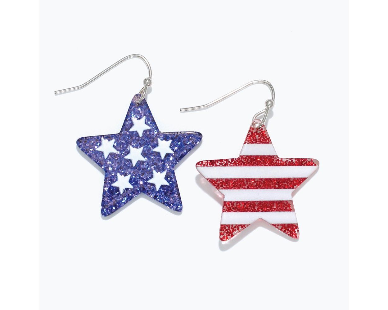 Glitter Patriotic Star Earrings – Mismatched Red/White & Blue