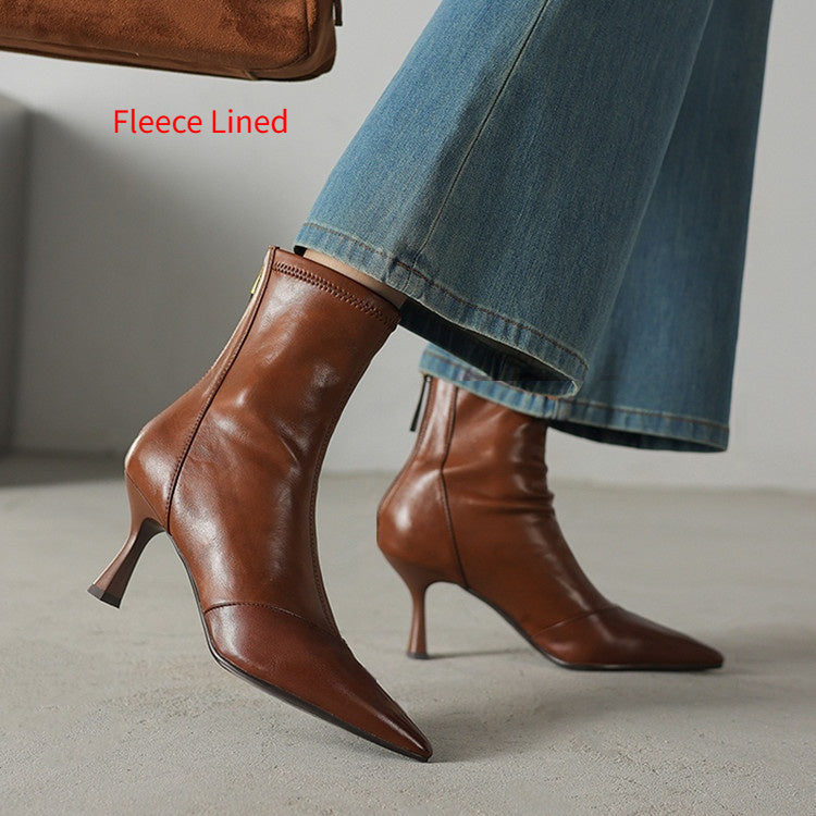 Women’s Cowhide Pointed Toe Stiletto Ankle Boots – Back Zipper High Heel Booties