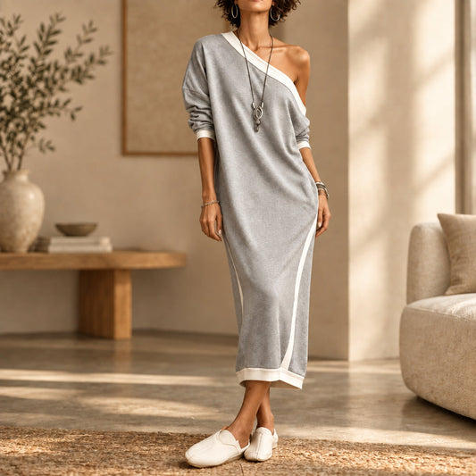 Women's One-Shoulder Color-Block Midi Dress with Pockets