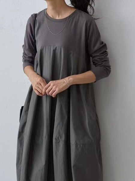 Women's Round-Neck Long-Sleeve Patchwork Maxi Dress