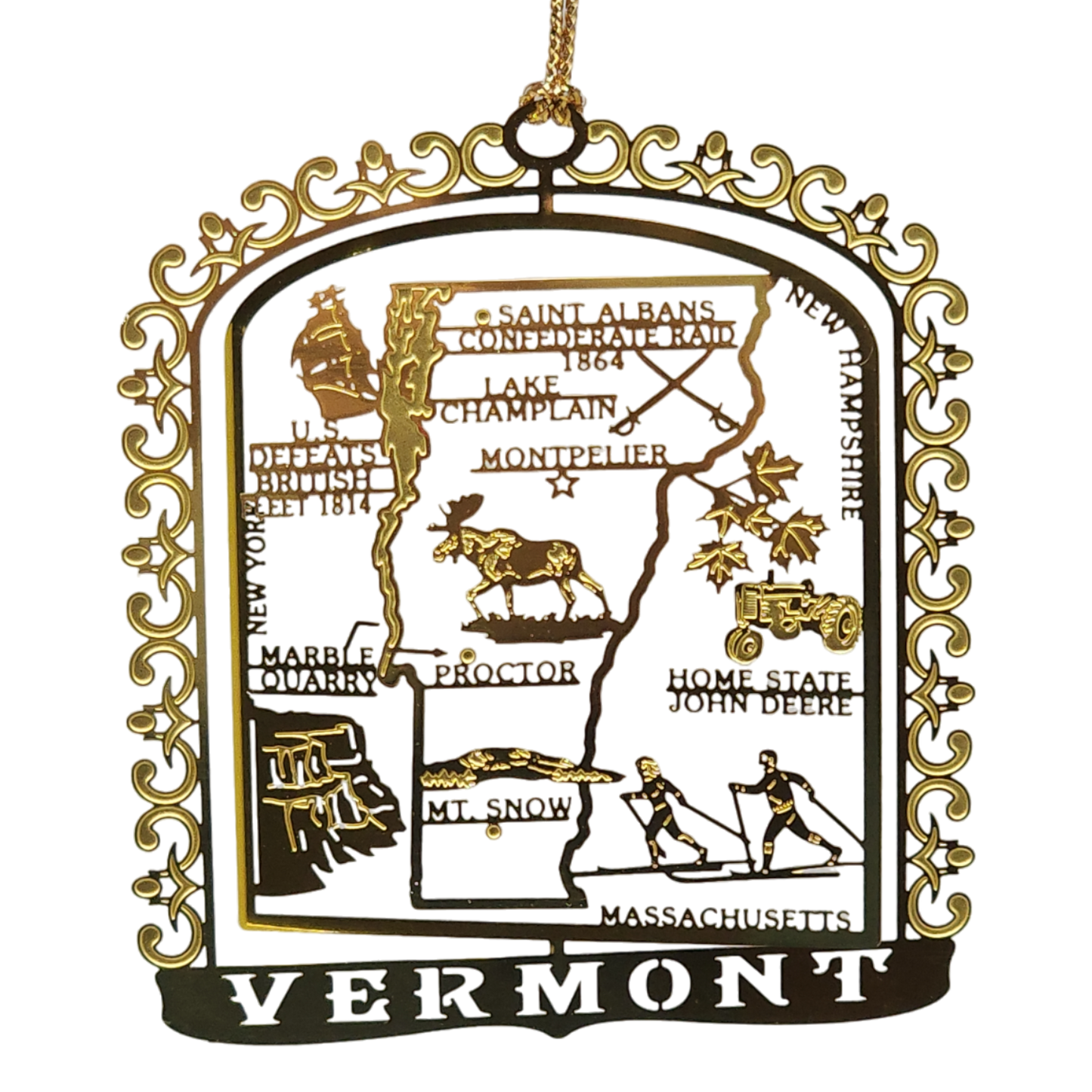 Solid Brass Ornament - Vermont Map and Landmarks