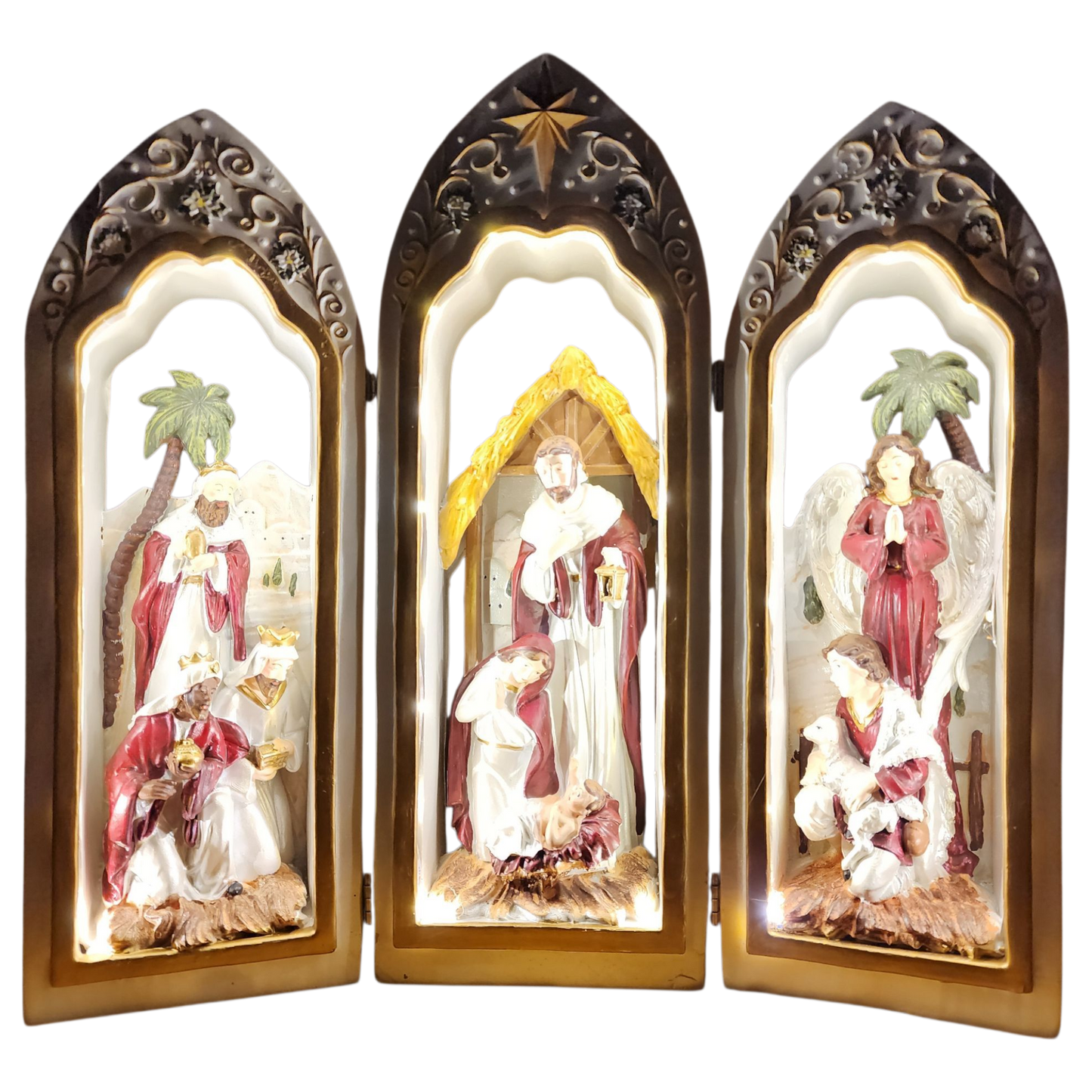 Lighted Holy Family Triptych with Pearlized Finish And Scrolls