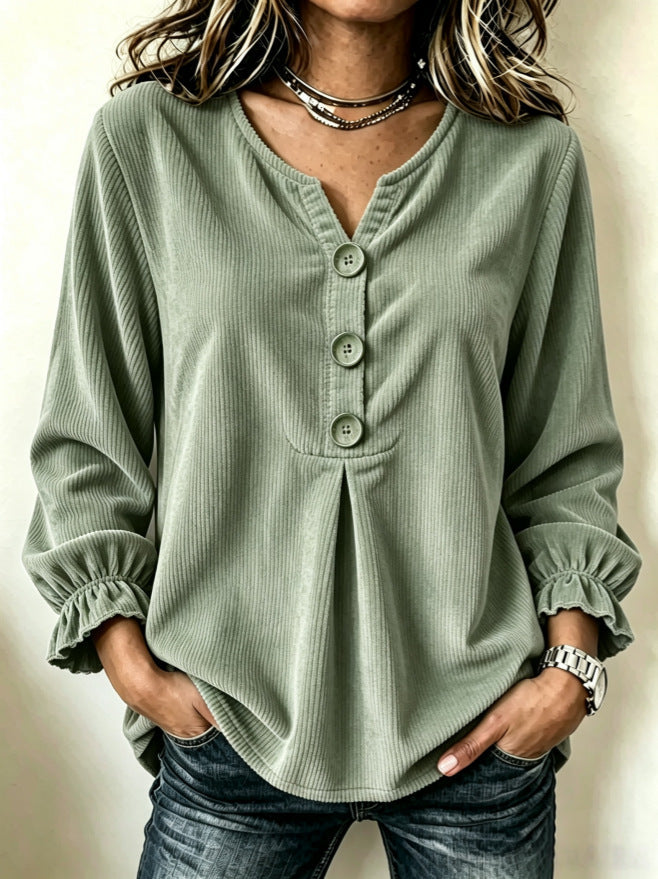 Women's Corduroy Long-Sleeve Blouse – Patchwork Minimalist Top