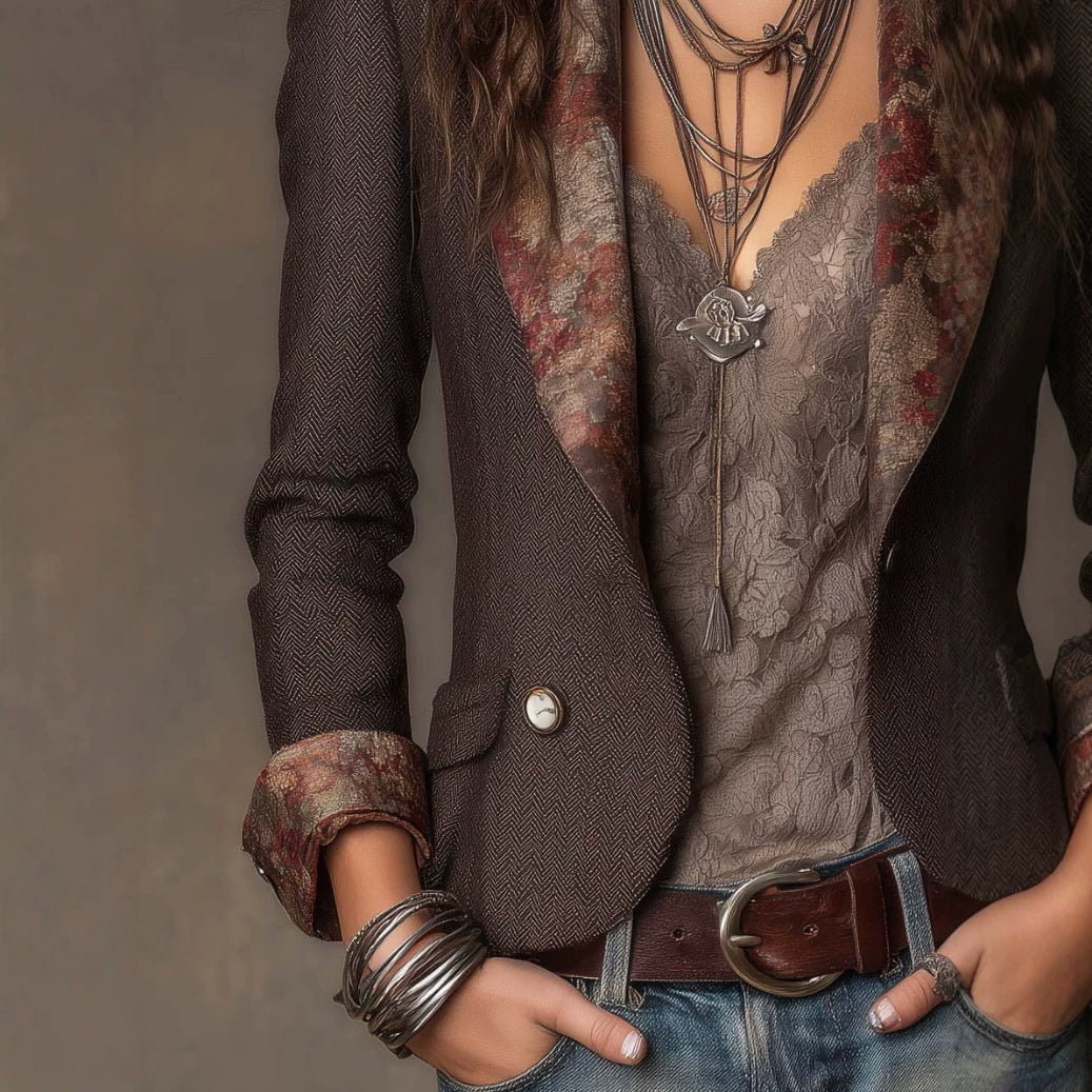Women's Floral-Print Notched-Collar Blazer with Turn-Up Cuffs