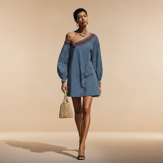 Women's Striped One-Shoulder Embroidered Mini Dress