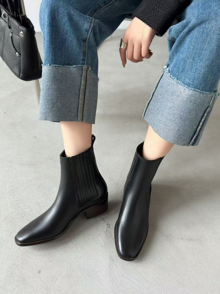Women’s Retro Square-Toe Mid-Heel Chunky Leather Boots