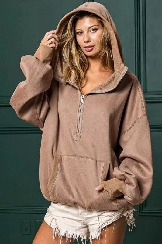 BiBi Stitch Detailed Elastic Hem Half Zip Fleece Hoodie