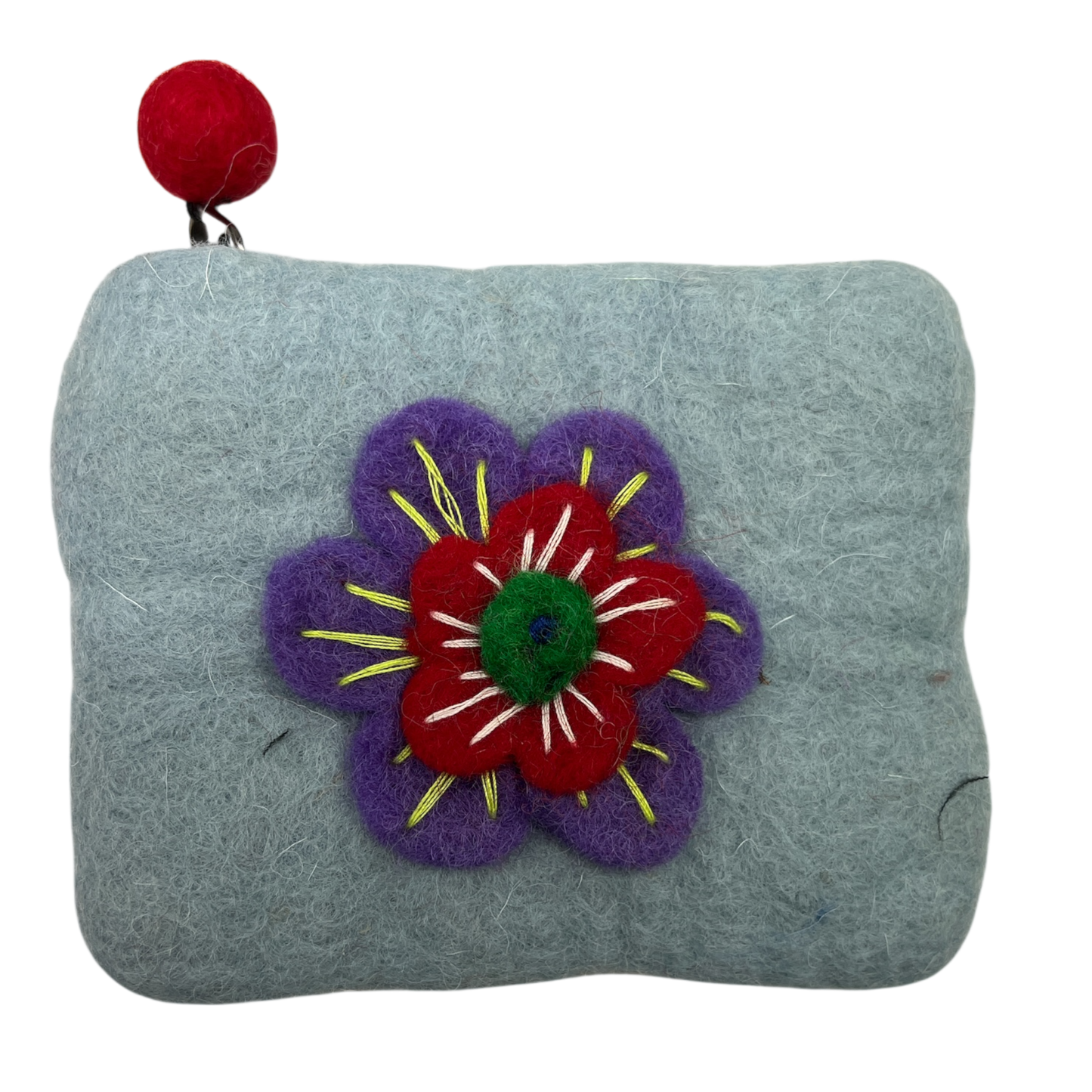 Felt Wool  Soft Gray Coin Purse with Flower Applique
