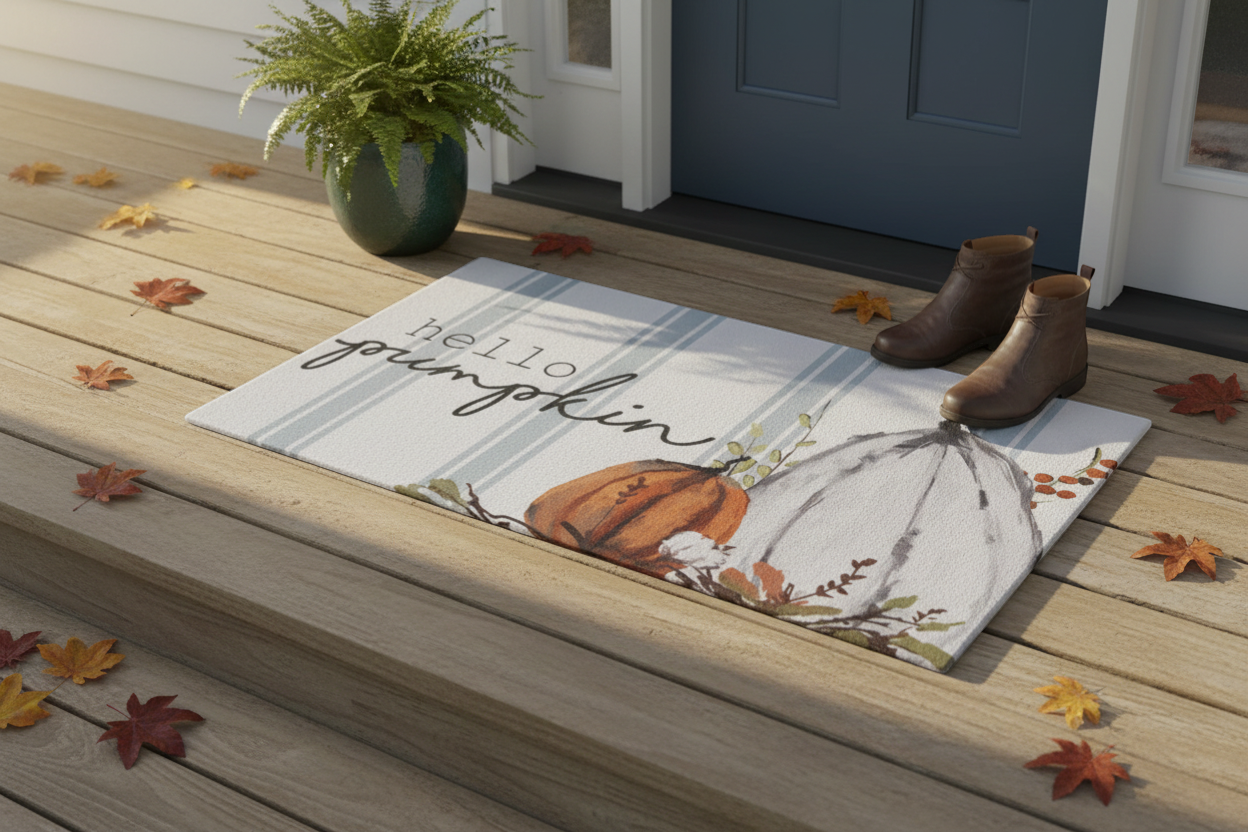 Blue Ticking Stripe "Hello Pumpkin" Mat