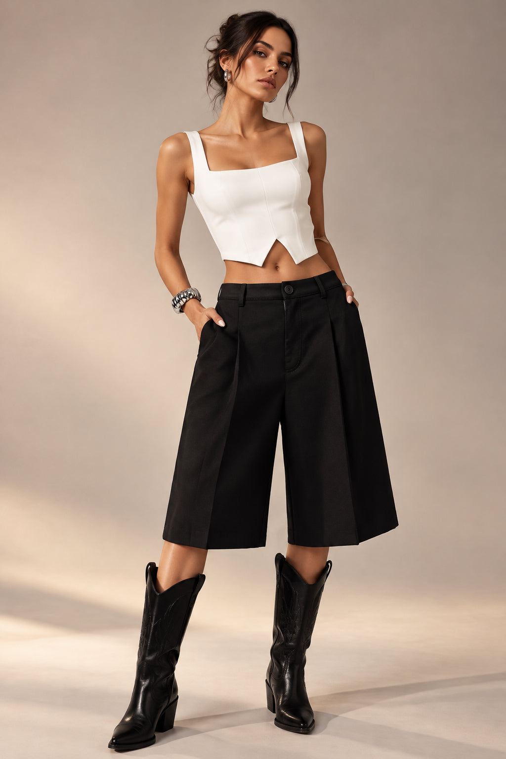 Women's Pleated Tailored Bermuda Shorts with Pockets