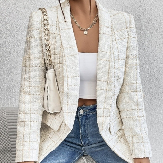 Ladies' Solid Color Linen Fake Pocket Design Fashionable Suit Jacket
