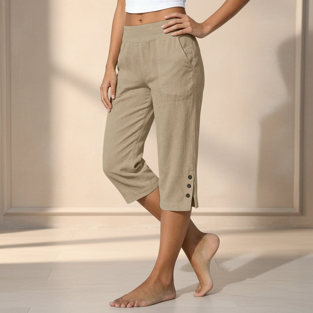 Women's High-Waist Cropped Straight-Leg Pants – Button Detail Slit Front