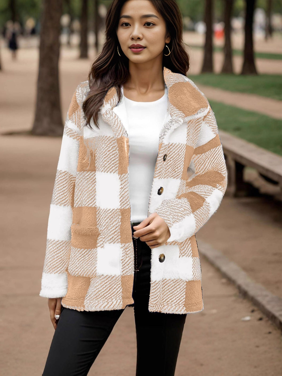 Women's Plaid Plush Button-Front Coat with Pockets