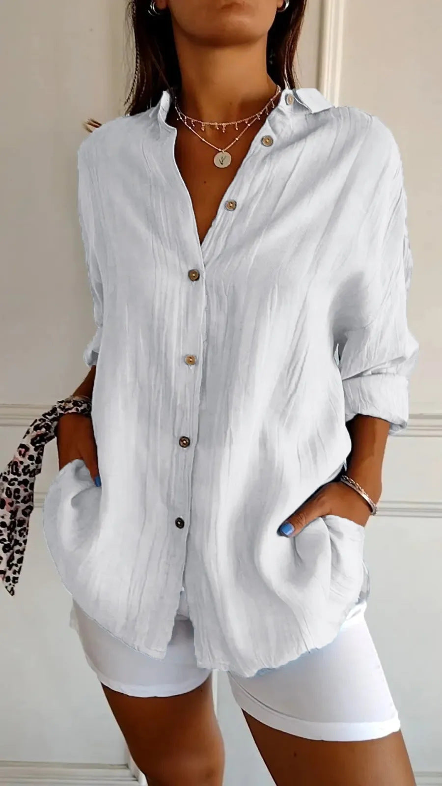 Women's Oversized Lapel Button-Down Shirt with Pleated Back