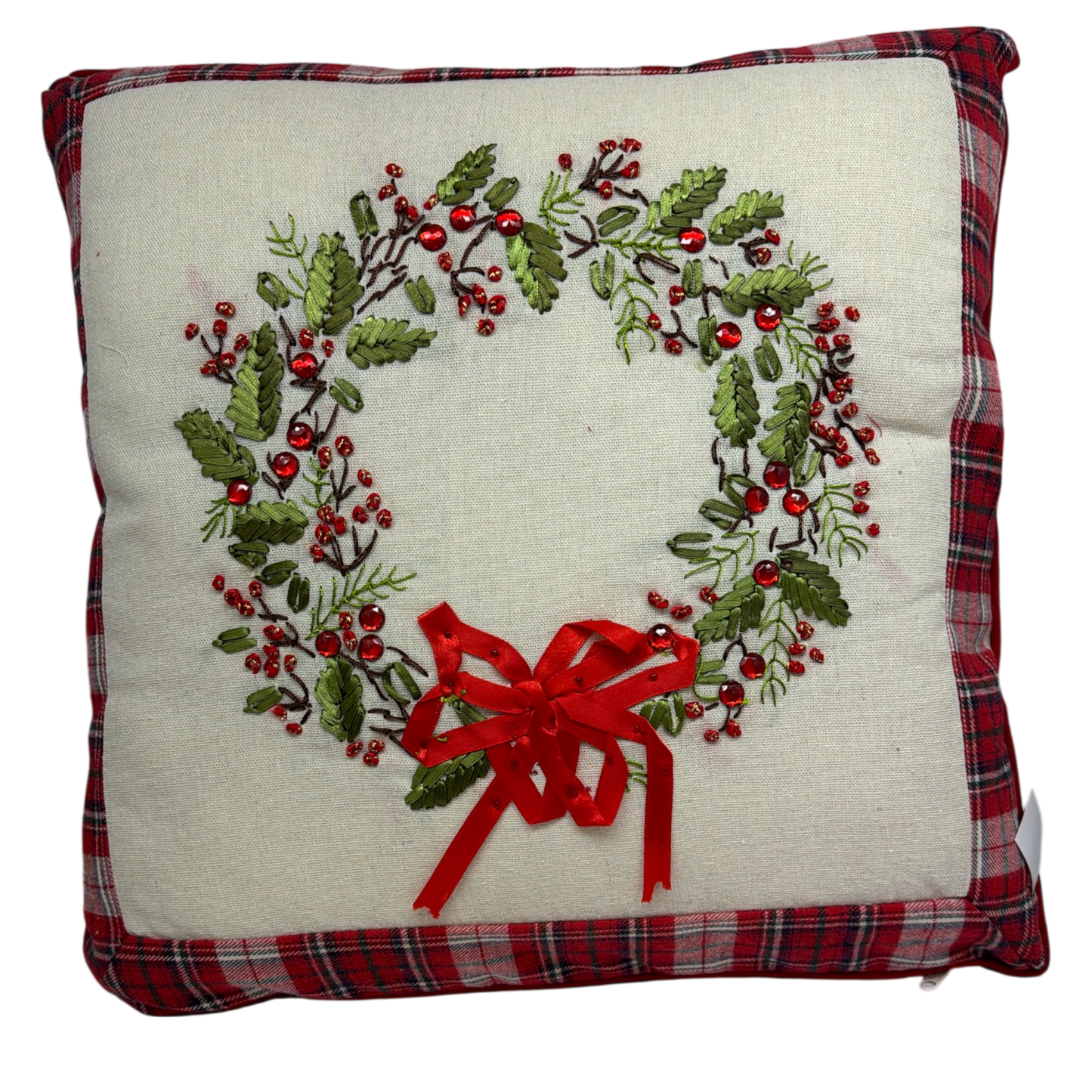 Holiday Wreath Pillow With Plaid Trim