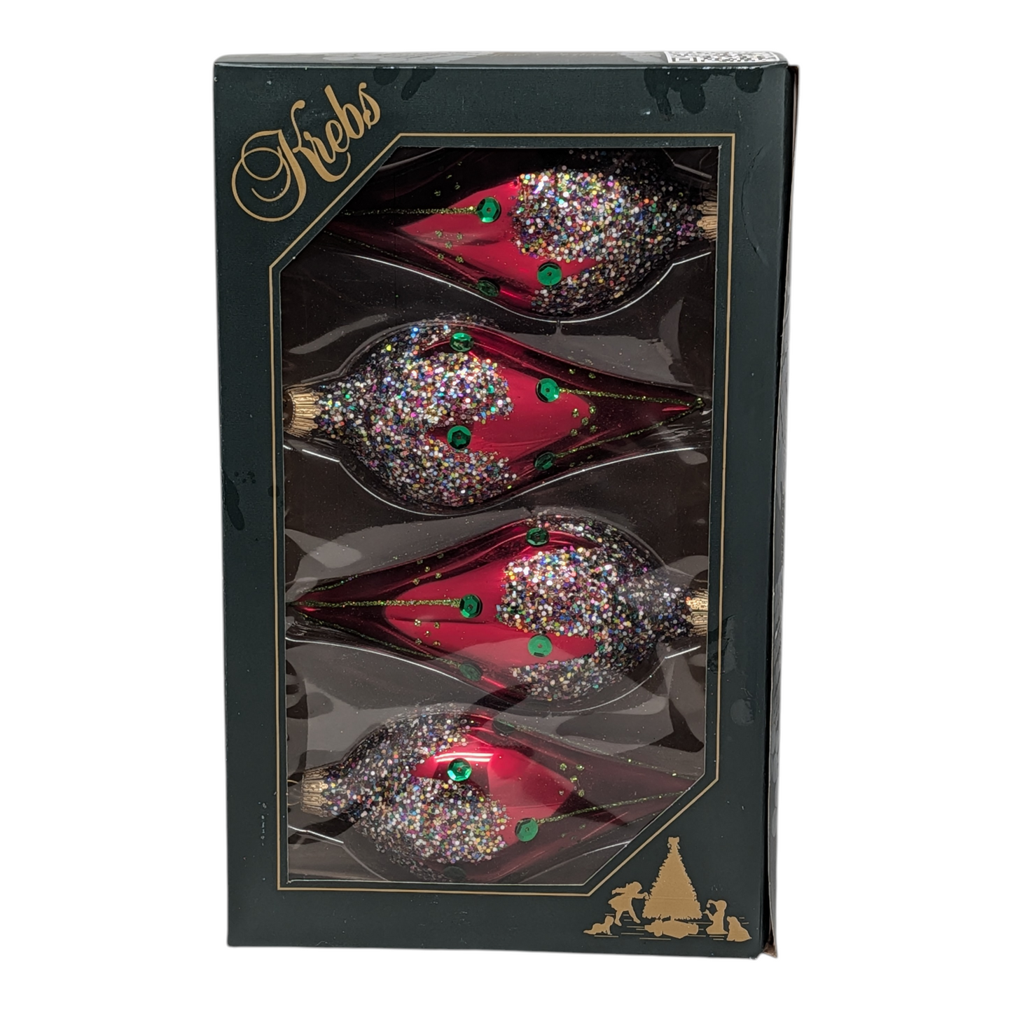 Krebs Value Glass Ornament 4 pack - Red Sequined Teardrops