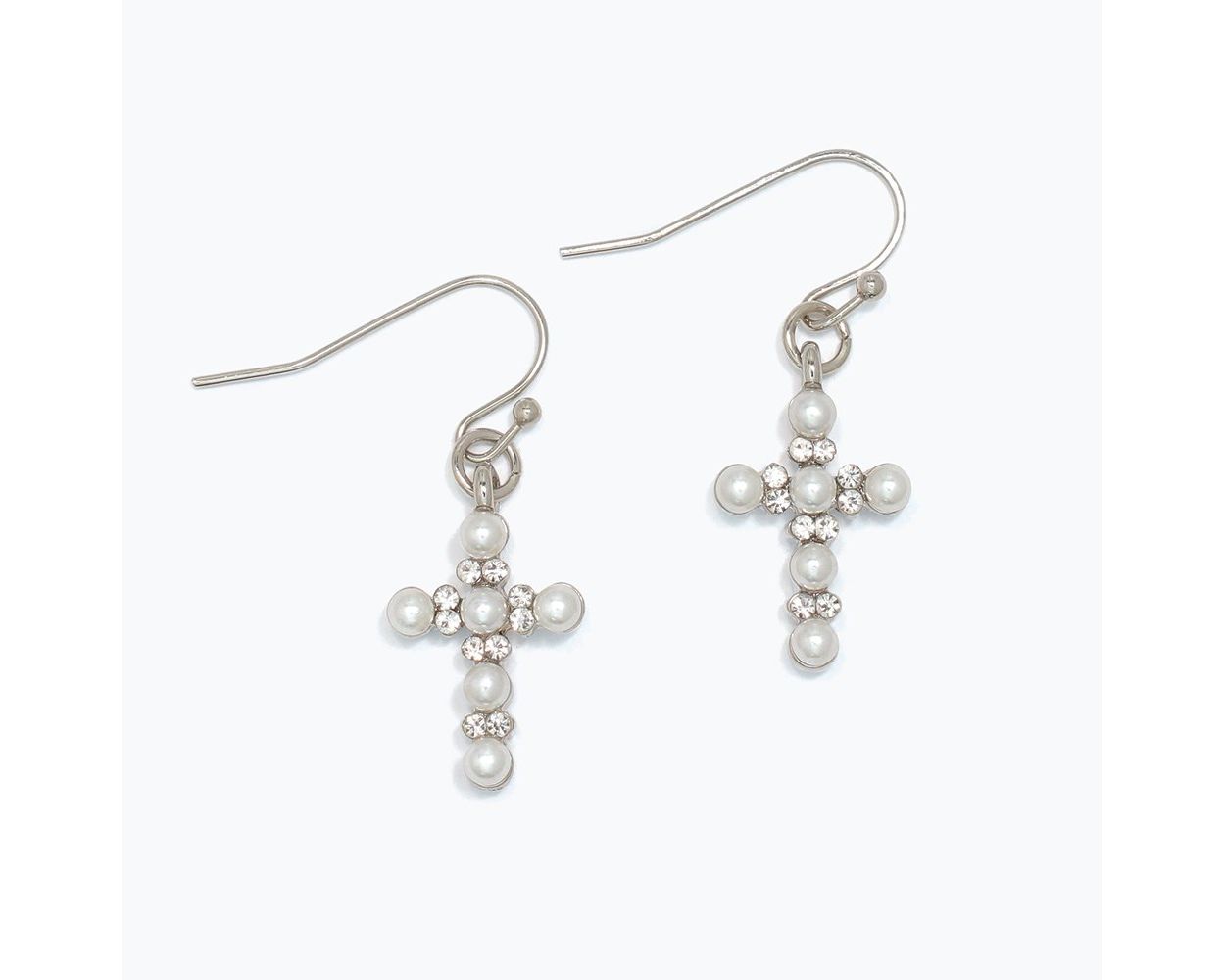 Pearl And Crystal Cross Earrings – Silver-Tone