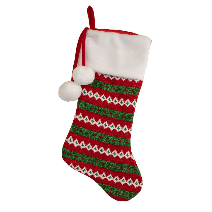 Red and Green Chenille Knit Christmas Stocking with White Cuff