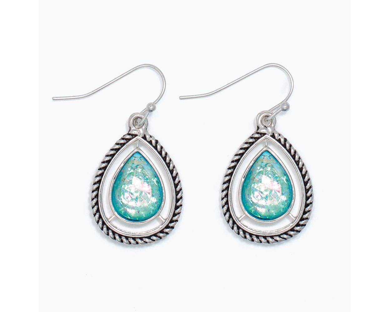 Shimmering Aqua Teardrop Earrings with Detailed Silver
