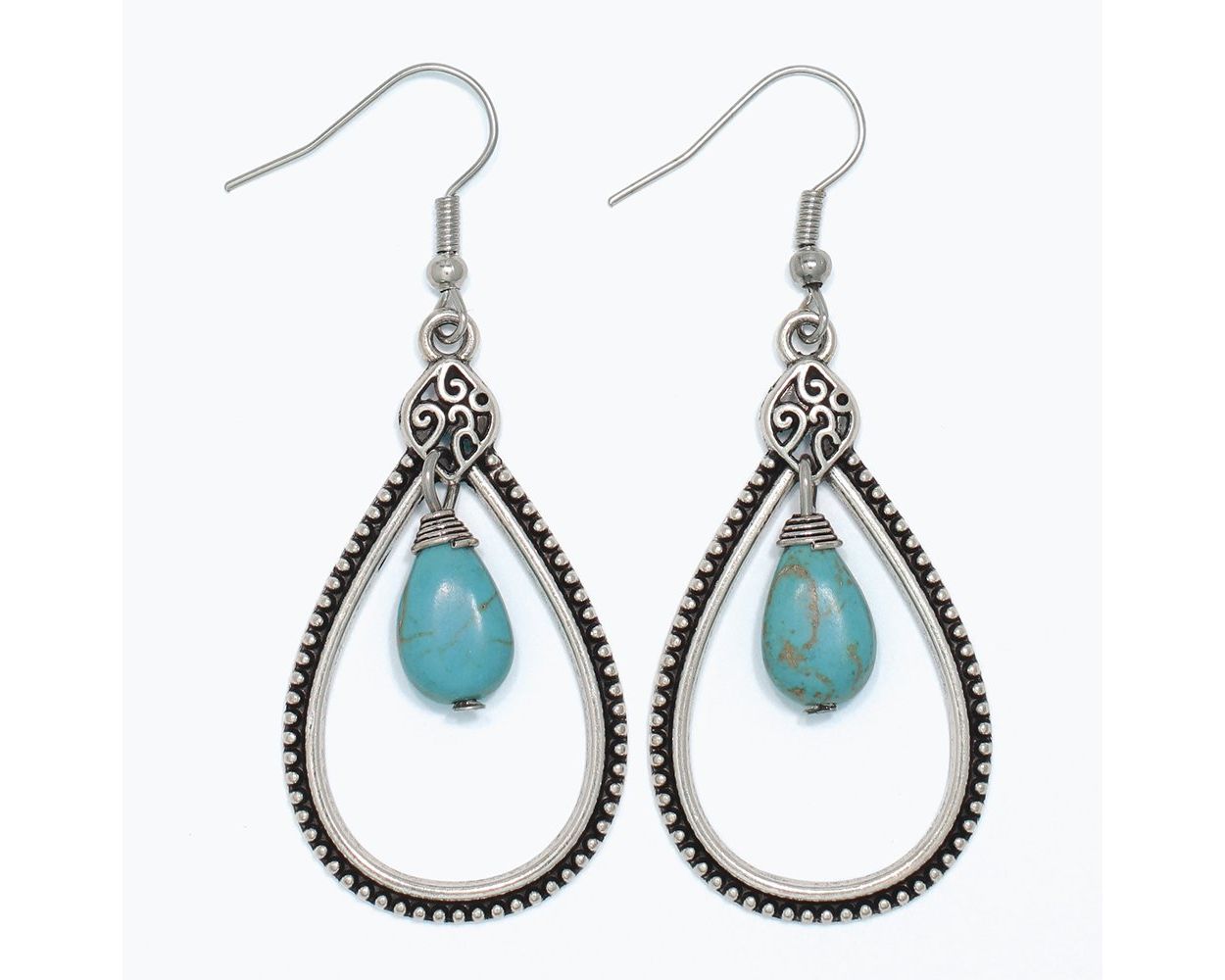 Antiqued Silver Earrings with Turquoise Drops