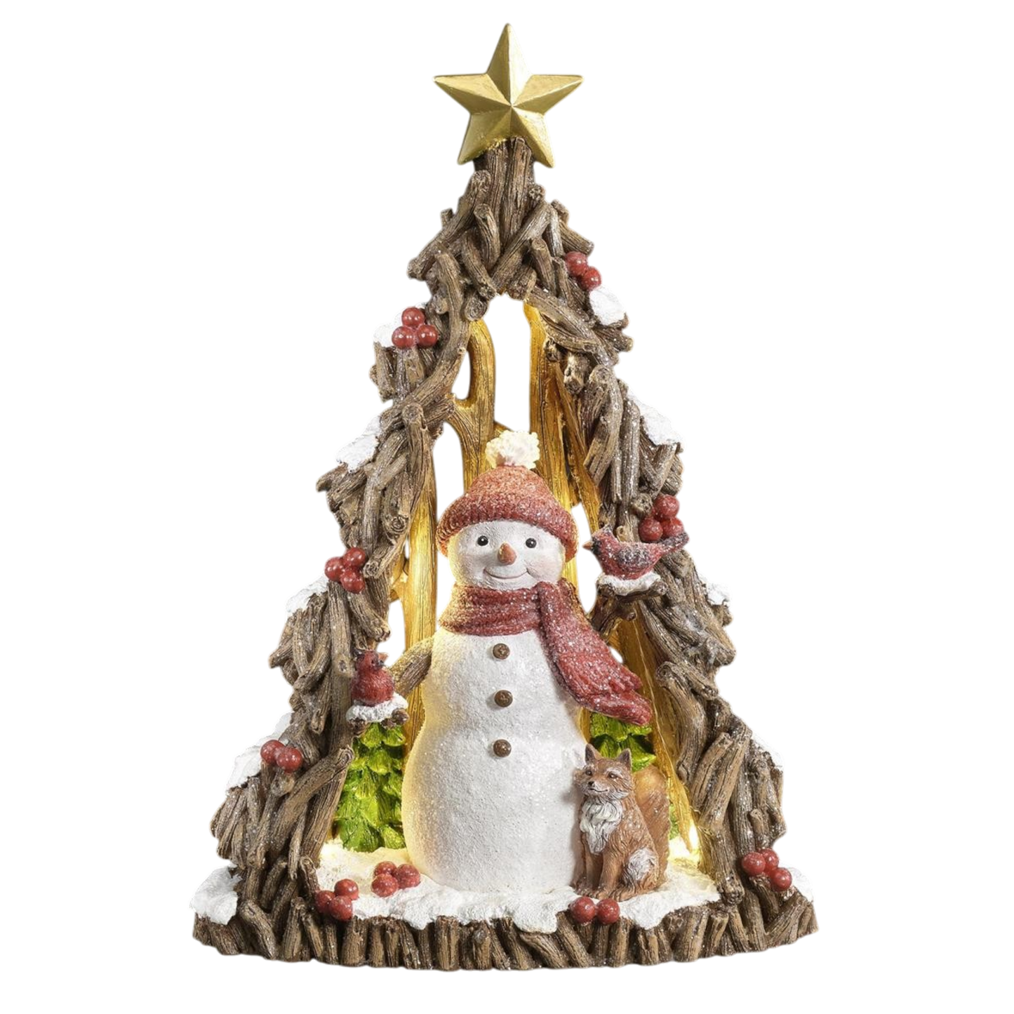 Lighted Tree  And Red Snowman With Fox Cutout